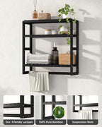 Bathroom Shelves Towel Racks Over Toilet Storage with Towel Bar 3 Tier Floating Wall Mounted Space Saving Bamboo Paper Holder for Bathroom Laundry Room Kitchen Organizers (Black)