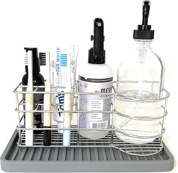 Happitasa Silicone Kitchen Sink Organizer Tray, Sponge Holder and Countertop Protector | Bathroom and Kitchen Soap Dish and Dispenser Tray (Black, 10"x5.25")