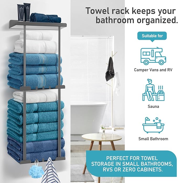 Hommtina Wall-Mounted Towel Rack & Holder - Rust-Resistant Bathroom Organizer with No Drill Installation, Space-Saving Design for Kitchen, Laundry Room (Grey)