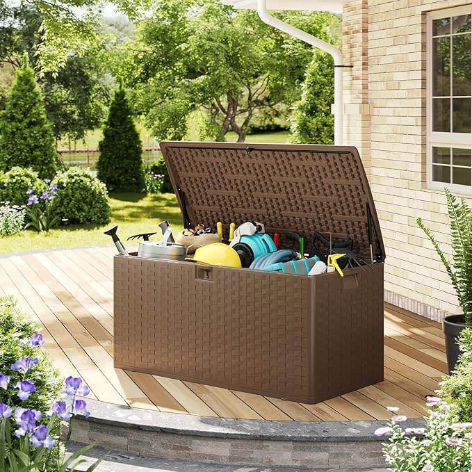 Garvee 100gal Outdoor Storage Box, Lockable Plastic Deck Box with Lid, Waterproof & UV-Resistant Storage Bin for Patio Cushions, Garden Tools & Pool Accessories, Brown