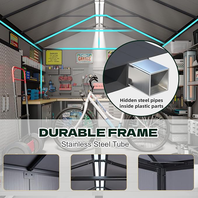 8 x 10 FT Plastic Outdoor Storage Shed with Floor, Resin Storage Tool Shed with Windows and Lockable Door, Outdoor Garden Shed for Lawnmower, Bike, Pool Supply