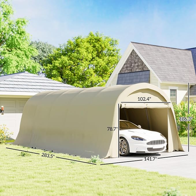 Outsunny 12' x 23.6' Heavy Duty Carport, Portable Garage Car Canopy Tent with UPF50+ Sun Protection, Galvanized Frame, Large Roll-Up Door for Cars, Trucks, Boats, Motorcycle, Bike, Beige