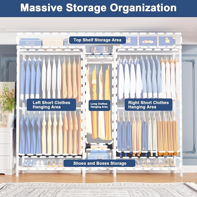 Ulif E12C Pro Heavy Duty Closet Organizer System，Freestanding Clothing Racks for Hanging Clothes，Adjustable Garment Rack 71"W x 16"D x 76.5"H Hold 960lbs，White Clothing Rack with Black Dustproof Cover