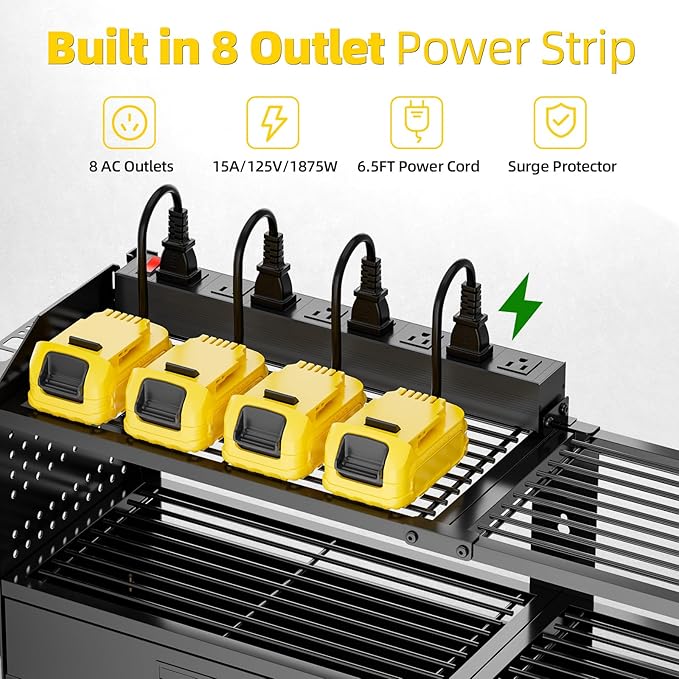Power Tool Organizer Wall Mount with Charging Station, 4 Layers Storage Rack with 9 Drill Holders & Battery Storage, Cordless Tool Organizer with 2 Drawers for Garage, Workshop & Tool Room