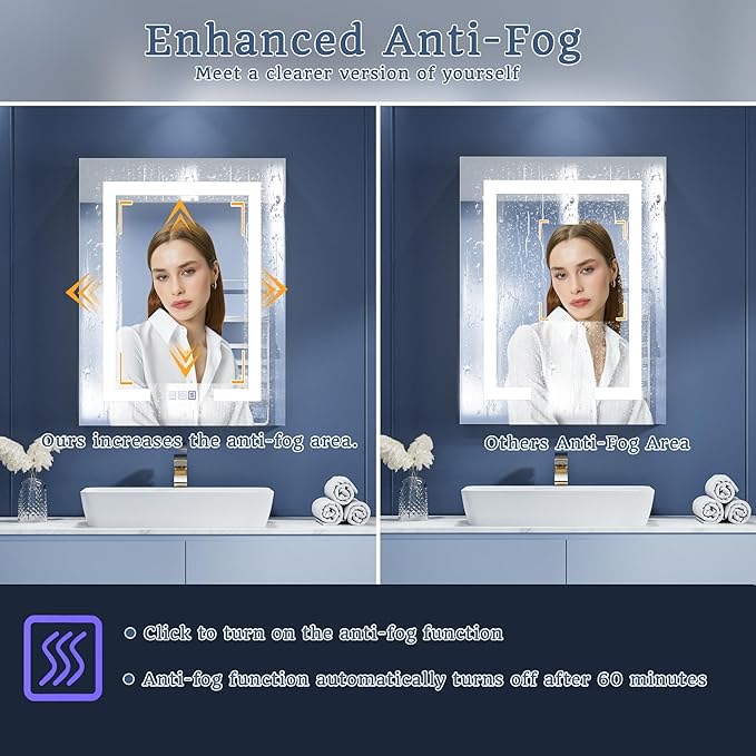ExBrite LED Lighted Bathroom Medicine Cabinet with Mirror, 24 x 30 Inch, Recessed or Surface Mount, Anti-Fog, Stepless Dimming, Color Temperature Adjustment, 2 Outlets, Storage Shelves, Left Hinge