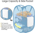 BATTOO Deluxe Strong Mesh Pop up Laundry Hamper Basket with Side Pocket Foldable Hamper for Laundry Room, Bathroom, Kids Room, College Dorm or Travel Light Blue