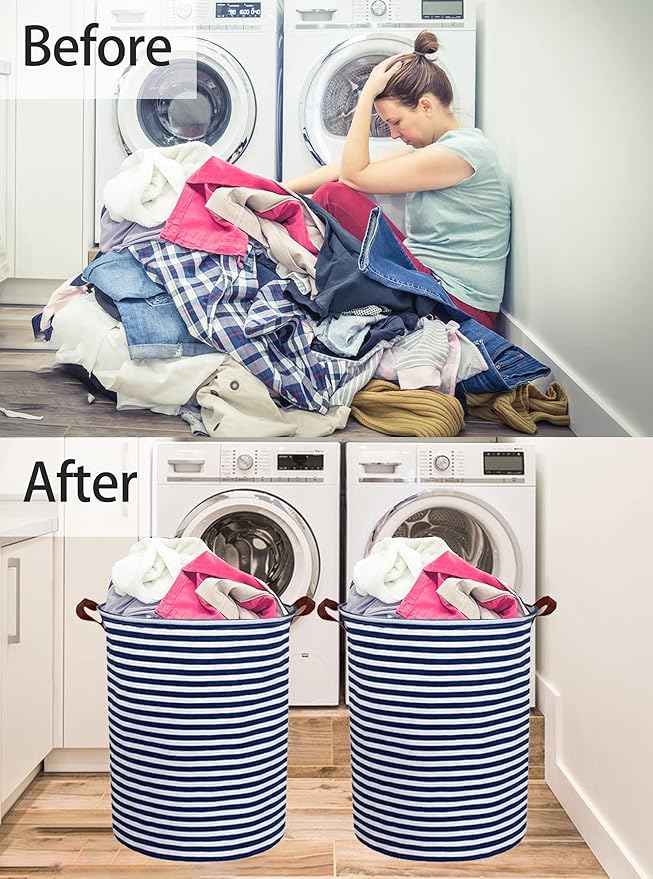 ESSME 2pack Kids Laundry Hamper,Boys laundry basket,Collapsible Bule storage basket with Waterproof PE Coating,Canvas Fabric Nursery Hamper for Kids Room Decor,Toy storage,Gift,Baby Clothing.(2pack Navy Blue stripes)