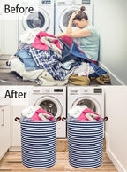ESSME 2pack Kids Laundry Hamper,Boys laundry basket,Collapsible Bule storage basket with Waterproof PE Coating,Canvas Fabric Nursery Hamper for Kids Room Decor,Toy storage,Gift,Baby Clothing.(2pack Navy Blue stripes)