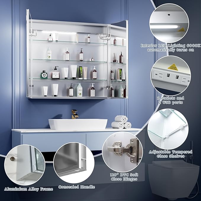 ExBrite LED Lighted Bathroom Medicine Cabinet with Mirror, 32 x 30 Inch, Recessed or Surface Mount, Anti-Fog, Stepless Dimming, Color Temperature Change, Built-in 6000K Sensor Light, Storage Shelves