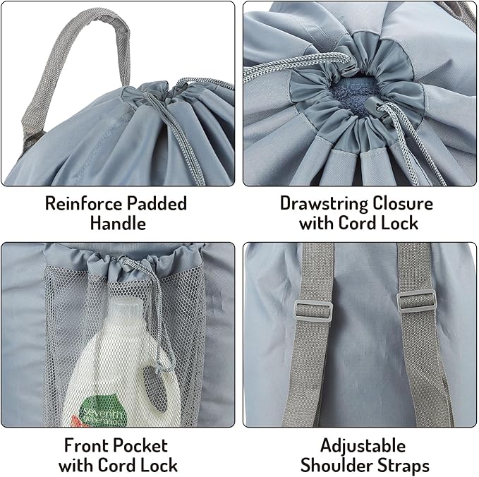 Seiritex Backpack Laundry Bag, Large Laundry Backpack with Detergent Holder and Adjustable Shoulder Straps for College Travel Dorm Room (Gray)