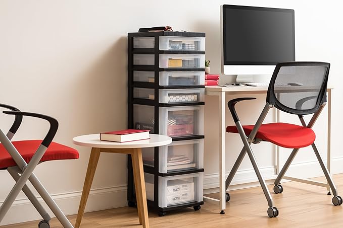 IRIS USA Plastic Drawer Storage Organizer Rolling Cart, with Wheels Casters, 7-Drawers, for Classroom Art Craft Supplies Dresser Closet Bathroom Laundry Room, Black/Clear