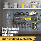 YYR Heavy Duty Power Tool Organizer with Charging Station, Cordless Drill Hanger Storage Rack, Battery Tools Holder Wall Mount Shelf for Garage - 32 Inch Equipped with Surge Protection Power Strip