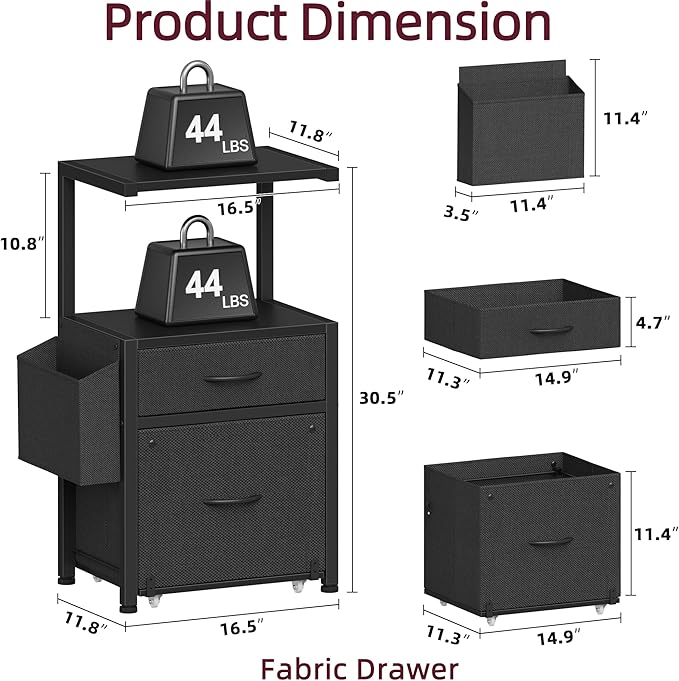 2-Drawer File Cabinet, Filing Cabinet with 2-Tier Printer Shelves, Office Cabinets with Side Bag&File Drawer for A4/Letter Size, Printer Stand with Storage for Home Office, Black, 16.5" W