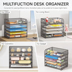 Lavatino 5 Tray Desk File Organizer, Mesh Paper Sorter Letter Tray Organizer with Handle, Desktop File Organizer and Storage for Letter/A4 Office File Folder- Grey