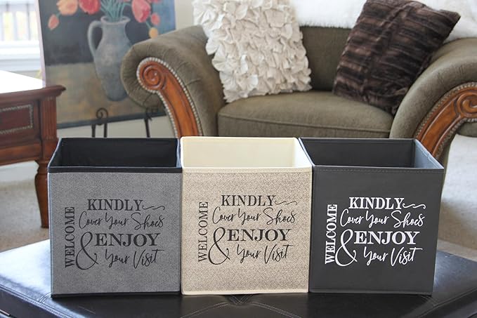 Shoe Cover Box - Welcome Guests to Please Cover Shoes. Indoor Foldable Storage Bin to Fill w/your Favorite Booties. For Homeowner, Real Estate Agent, Realtor Open House Supplies | 1 Grey & Black