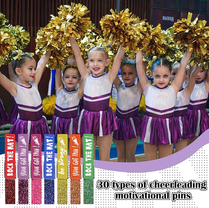 Kigeli 30 Pcs Spirit Clips Cheer Pins Cheerleader Gifts Clothes Pins for Backpacks Competition Glittered for Team Cheer Gifts Stuff Supplies Party Favors Accessories Bulk(Multicolor,Shiny)