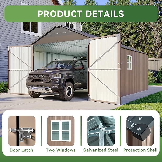 Aoxun 12x20x9.3 FT Metal Garage Shed Outdoor Large Storage Shed Carport with Double Doors,Side Door & Windows, Heavy Duty Garden Tool Shed All-Weather Outdoor Building for Vehicles & Sundries(Brown)