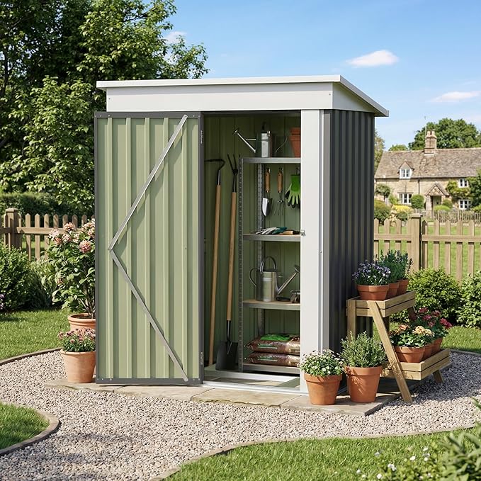 Devoko 5 x 3 FT Metal Storage Shed with Floor Frame Waterproof Garden Tool Shed with Lockable Door, Outdoor Shed Storage House for Backyard Patio Lawn, Grey