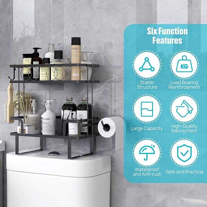 Over The Toilet Storage，Bathroom Shelves Over Toilet,2 Tier Above Toilet Storage with Hanging Hook & Toilet Paper Holder,Non-Trace Adhesive, No Drilling Toilet Organizer (Black)
