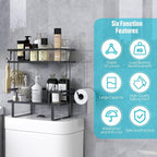 Over The Toilet Storage，Bathroom Shelves Over Toilet,2 Tier Above Toilet Storage with Hanging Hook & Toilet Paper Holder,Non-Trace Adhesive, No Drilling Toilet Organizer (Black)