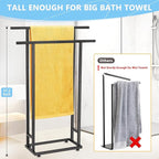 Standing Towel Racks for Bathroom, 2 Tier Bathroom Floor Free Standing Towel Rack, Tall Enough Pool Bath Drying and Dispaly Outdoor Stand for Storage, Black Freestanding Blanket Holder, ALHAKIN