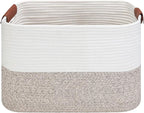 Small Cotton Rope Storage Basket with Leather Handles, 15 "L x 11.5" W x 7.5 "H, Home Decor Basket, Durable & Stylish Organizer for Home.(Small Brown)