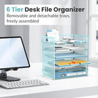 Daltack 6 Tier Paper Organizer for Desk, Paper Letter Tray Organizer for Desks, Mesh Desk File Organizers with Handle for Office, Home, School, Blue, 2 Pack