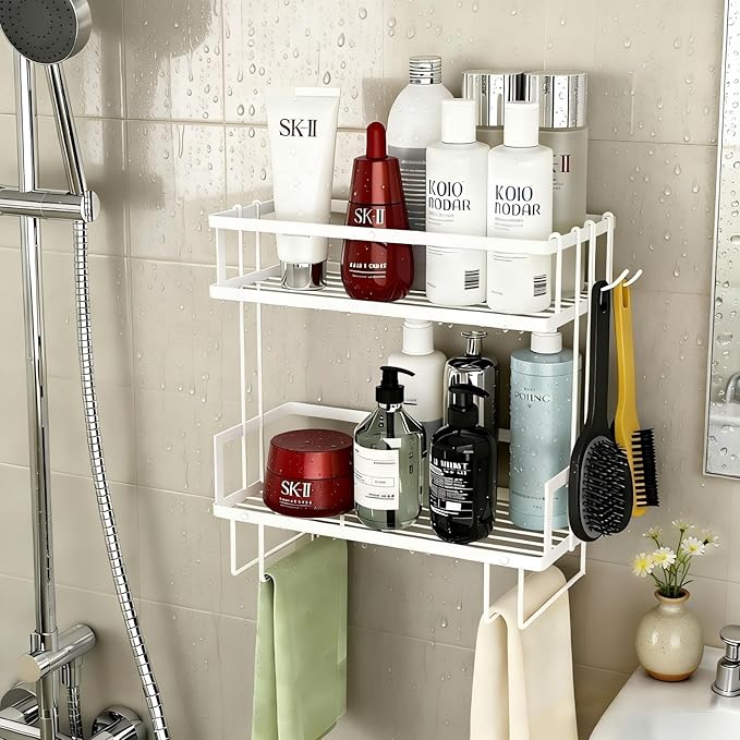 Bathroom Organizer Shelf - Over The Toilet Storage Rack, 2-Tier Floating Shelves with Hooks, No-Drill, Toilet Paper Holder for Restroom Bathroom Vanity Kitchen (White, 2 Tier)