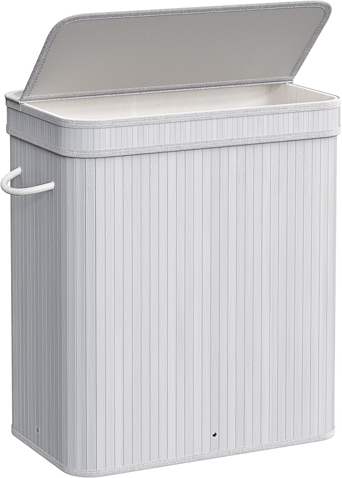 SONGMICS Laundry Hamper with Lid, Bamboo Laundry Basket, Removable Machine Washable Laundry Basket, with Handles, 26.4-Gallons, for Laundry Room, Bedroom, Bathroom, Dove Gray ULCB063G01