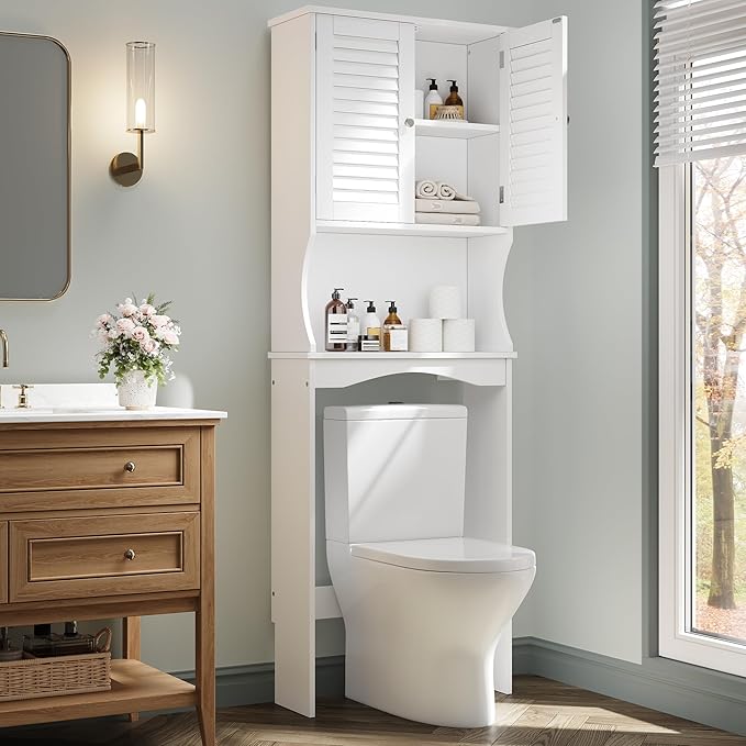 GAOMON Over The Toilet Storage Cabinet,Space-Saving Above Toilet Bathroom Organizer with Adjustable Shelf and Hooks, Bathroom Shelf Over Toilet with Anti-Tip Device,White