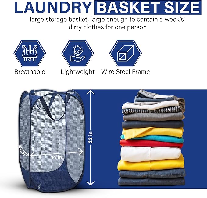 DecorRack 1 Pack Mesh Pop Up Laundry Hamper, Lightweight Foldable Clothes Basket with Easy Carry Handles, Durable Mesh Design for Air Circulation and Simple Storage, Navy (1 Pack)