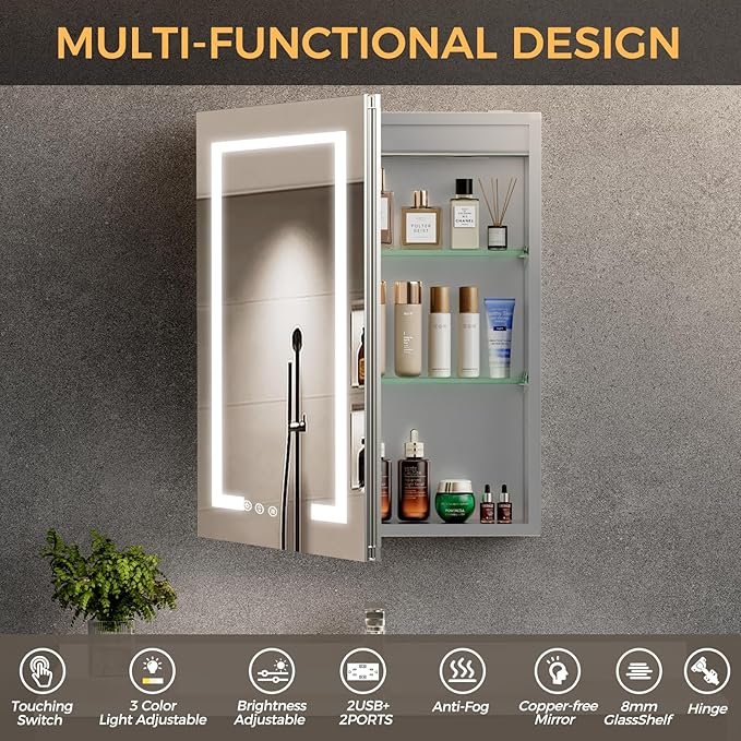 20 * 26 Smart LED Lighted Bathroom Medicine Cabinet Mirror with Touch Control, 3-Color Temperature, Stepless Dimming, 1-Hour Auto-Off – Ideal for Modern Bathrooms and Makeup Routines