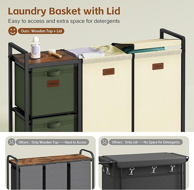 Hoctieon 4 Section Laundry Cart, 48 Gal. (182L) Laundry Hamper with Lid, Laundry Basket with Wheels, Rolling Laundry Sorter Organizer with Shelf, Clothes Separator with Removable Bags, Beige+Green