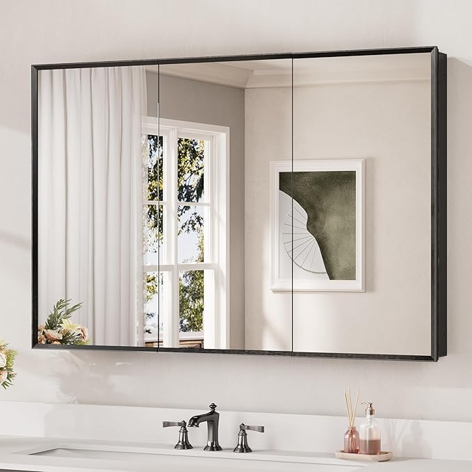 Keonjinn Black Medicine Cabinet Mirror 48" x 32", Assembly Required, Large Bathroom Cabinet with Mirror, Beveled Framed, Stepless Adjustable Shelves, Surface Wall-Mounted or Recessed