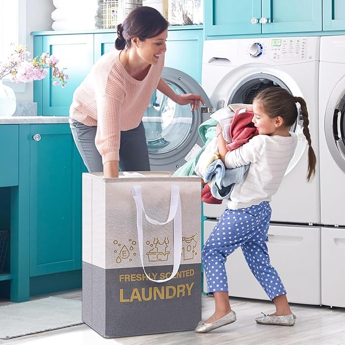 ELONG HOME 2 Pack Laundry Baskets, 92L Freestanding Laundry Basket with Handles, Waterproof Tall Collapsible Clothes Hamper for Dorm, Bedroom, Bathroom