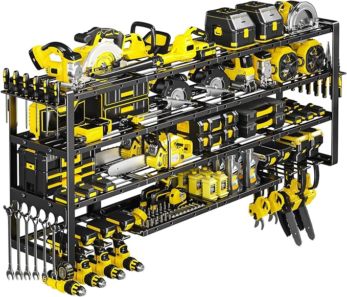 Extra Large 64" W Power Tool Organizer Wall Mount, Load 1000 lbs, Heavy Duty 4 Tier Garage Storage Rack with 8 Drill Holders, 2 in 1 Corner or Straight Installation