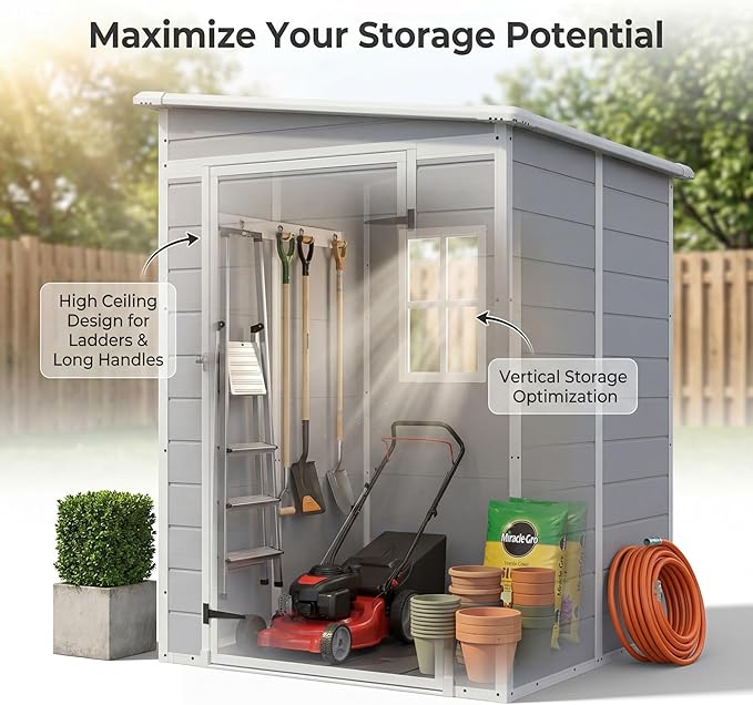 Devoko 5x4 FT Plastic Storage Shed with Floor, Waterproof Resin Outdoor Tool Shed with Lockable Door, Outside Garden Shed for Backyard Patio Lawn, Light Grey