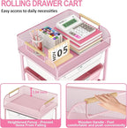 Rolling Cart with 4 Drawers,4 Tiers Rolling Utility Cart Craft Cart,Rolling Storage Drawer Cart with Mesh Top,Storage Cart with Drawers & 4 PCS DIY Lable, Rose Pink