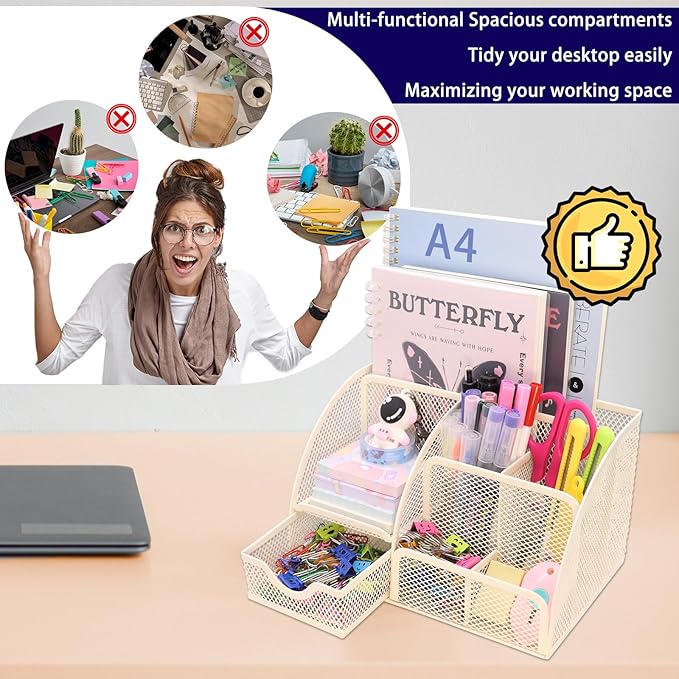 Boutilon Mesh Desk Organizer Desktop Office Supplies Stationary Organizer with 6 Compartments and 1 Drawer Multi-Functional Caddy Pen Holder for Home Office School Desk Decor(Beige)