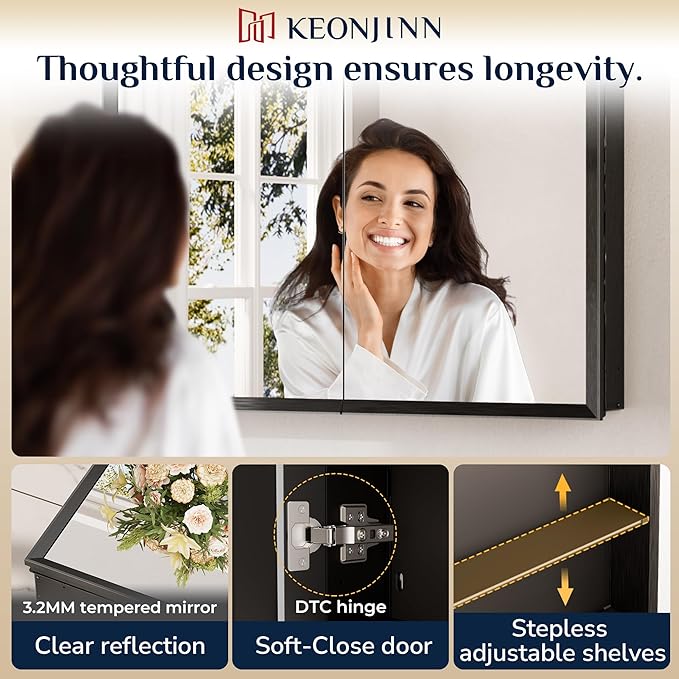 Keonjinn Medicine Cabinet Mirror 30" x 26", Assembly Needed, Black Bathroom Mirror with Storage, Beveled Aluminum Frame, Stepless Adjustable Shelves, Surface Mount or in Wall