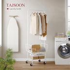 Tajsoon Laundry Cart with Hanging Rack, Metal Laundry Basket with Wheels, Laundry Hamper with Storage Basket and Shelf, Rolling Laundry Cart with Wheels, White