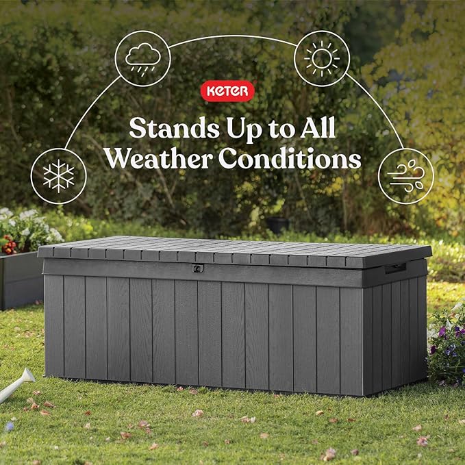 Keter Darwin 100 Gallon Resin Large Deck Box - Organization and Storage for Patio Furniture, Outdoor Cushions, Garden Tools and Pool Toys, Grey & Black