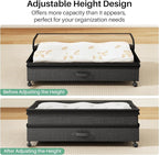 Kitstorack 4 Pack Height-adjustable Under Bed Storage with Wheels, Under Bed Storage Containers,Under Bed Shoe Storage Organizer with Clear Window&Label, Suitable for Clothes Storage, Black