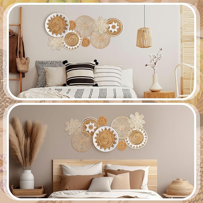 Xuhal 8 Pcs Boho Wall Basket Decor Decorative Bulrush Woven Basket Wall Decor Rustic Farmhouse Hanging Baskets for Kitchen Rustic Home Summer Decorations