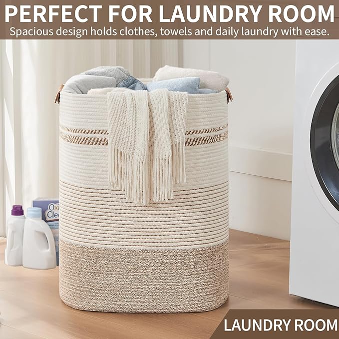 Laundry Basket with Handles - Blanket Basket & Hampers for Bedroom Aesthetic, Laundry Hamper & Blanket Storage for Living Room, Clothes Hamper, Tall, Large 17" x 14" x 22”, Light Brown & White