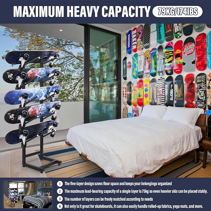 5 Tier Fr.eestanding Skateboard Rack Single-Sided Heavy Duty Skate Board Display Hanger Rack, hold 5 Storage Long.board Deck Organizer, for All-Mountain, Wide, Powder, back-country Skis (50x30x110cm)