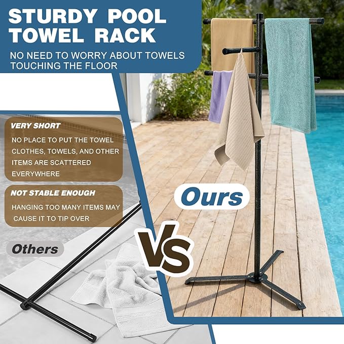 Pool Towel Rack Outdoor 60 Inch Height Outdoor Towel Rack For Pool Heavy-Duty Towel Stand Rustproof & Slip-Resistant Towel Drying Rack Suitable For Indoor Use For Towels, Clothing, Swim Rings, Goggles