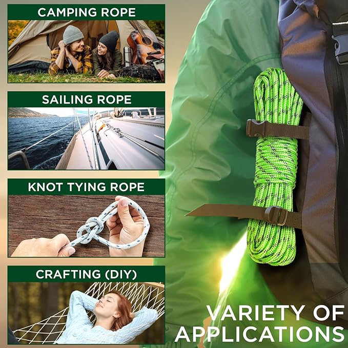 TECEUM Rope – 90 Feet x 3/8 Inch (10mm) – Green Gray – Strong All-Purpose Utility Rope – Camping, Crafting, Flag Pole, Indoor & Outdoor – Polypropylene Nylon Poly Lightweight Diamond Braided Cord
