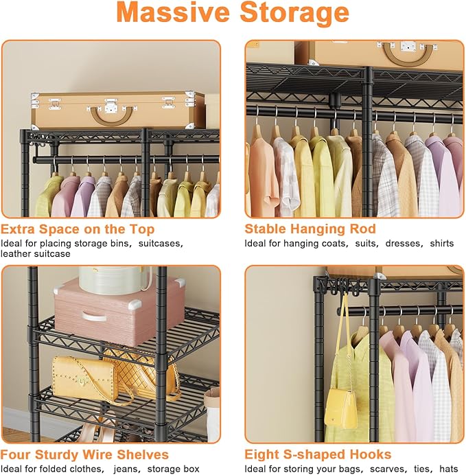 Ulif F4R Heavy Duty Clothes Rack（With Lockable Wheels ） Rolling Clothing Racks for Hanging Clothes，Adjustable Closet Organizer System，Portable Garment Rack 45"W x 15.8"D x 73.5"H，Max Load 650LBS，Black