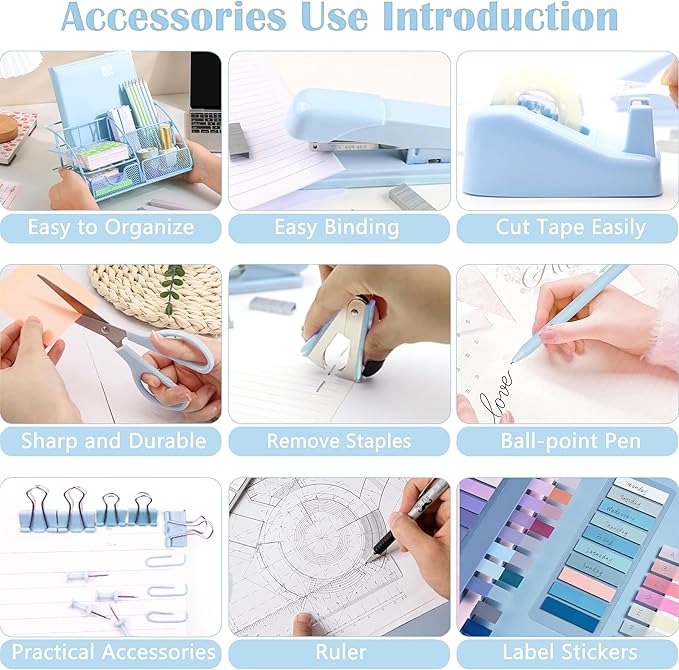 Blue Office Desk Accessories Supplies, 10pcs Desk Organizers and Accessories with Tape Dispenser and Stapler,Staples,Scissor,Ruler,Sticky Tabs,Tape,Ballpoint Pen,Clips Set